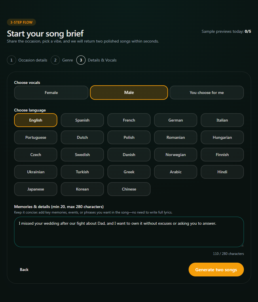 Adding personal details and what to own in the apology song flow