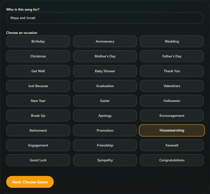 Choosing Housewarming as the occasion in the Songilingy public song flow
