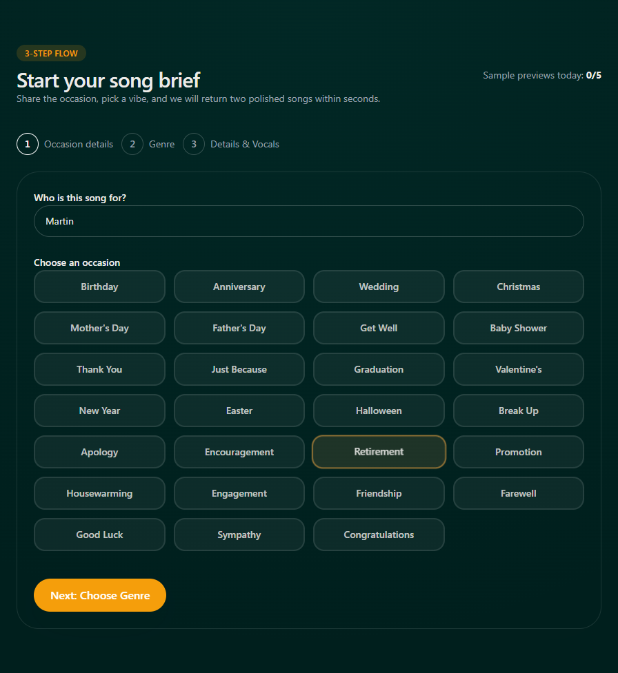 Selecting recipient name and retirement occasion in the Songilingy flow