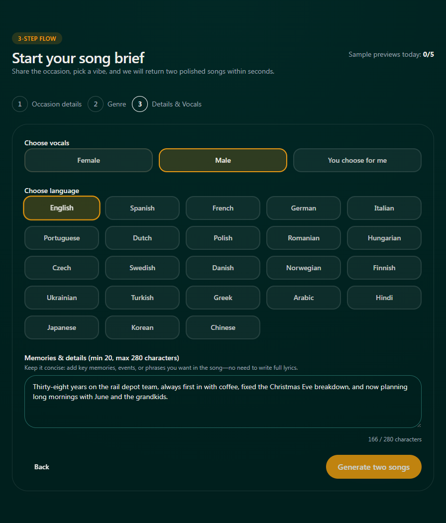 Choosing vocals, language, and retirement details in the Songilingy flow