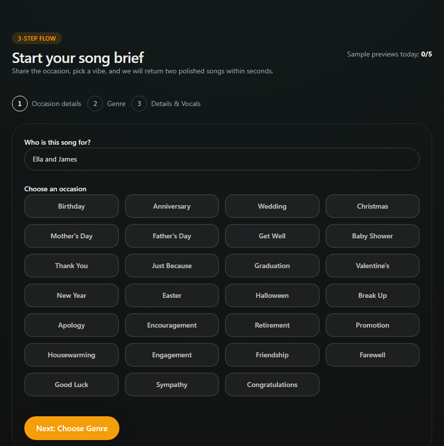 Screenshot of the Songilingy create flow showing recipient name and wedding occasion selection.