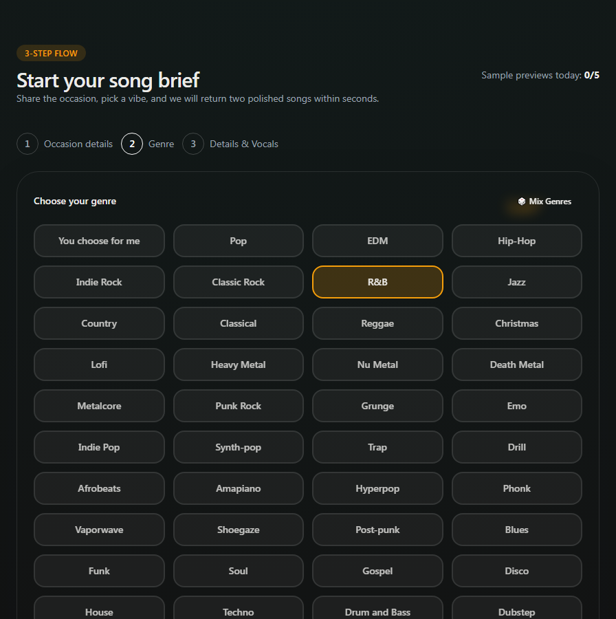Screenshot of the Songilingy create flow showing wedding song genre selection.