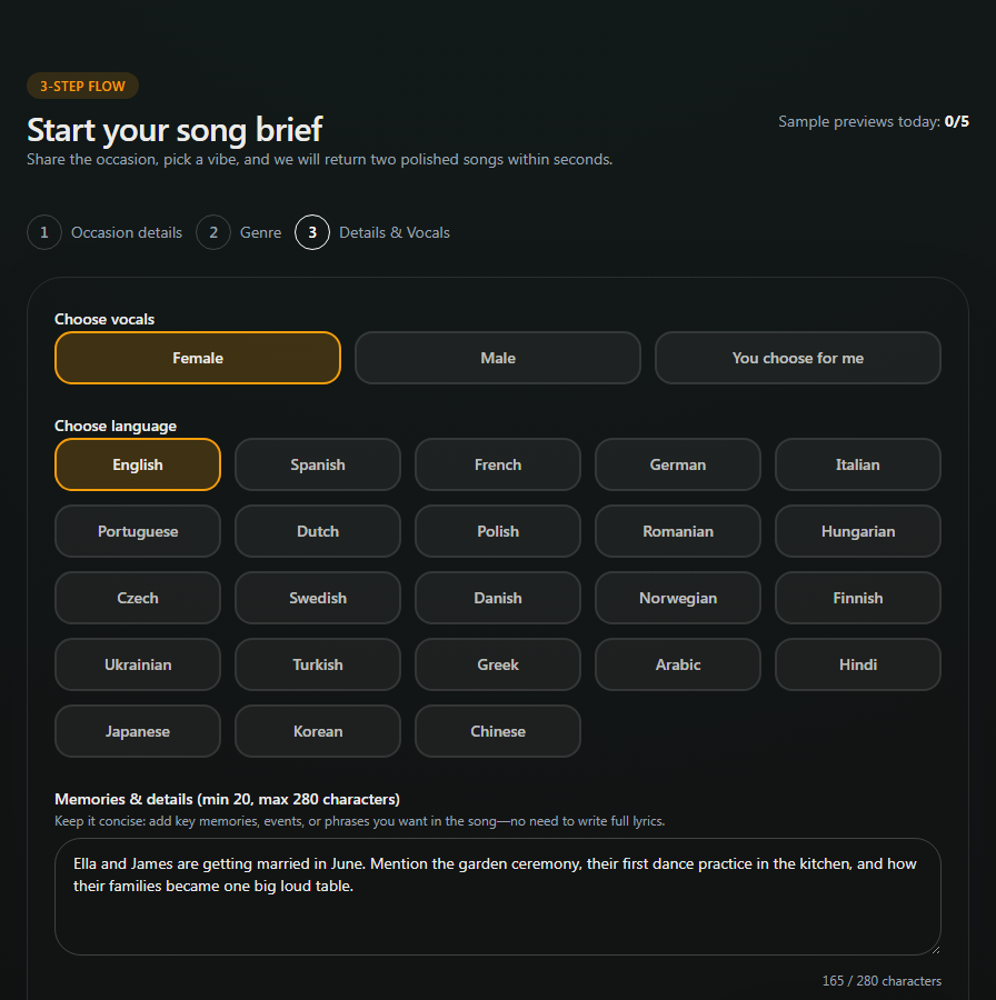 Screenshot of the Songilingy create flow showing vocals, language, and wedding memory details.