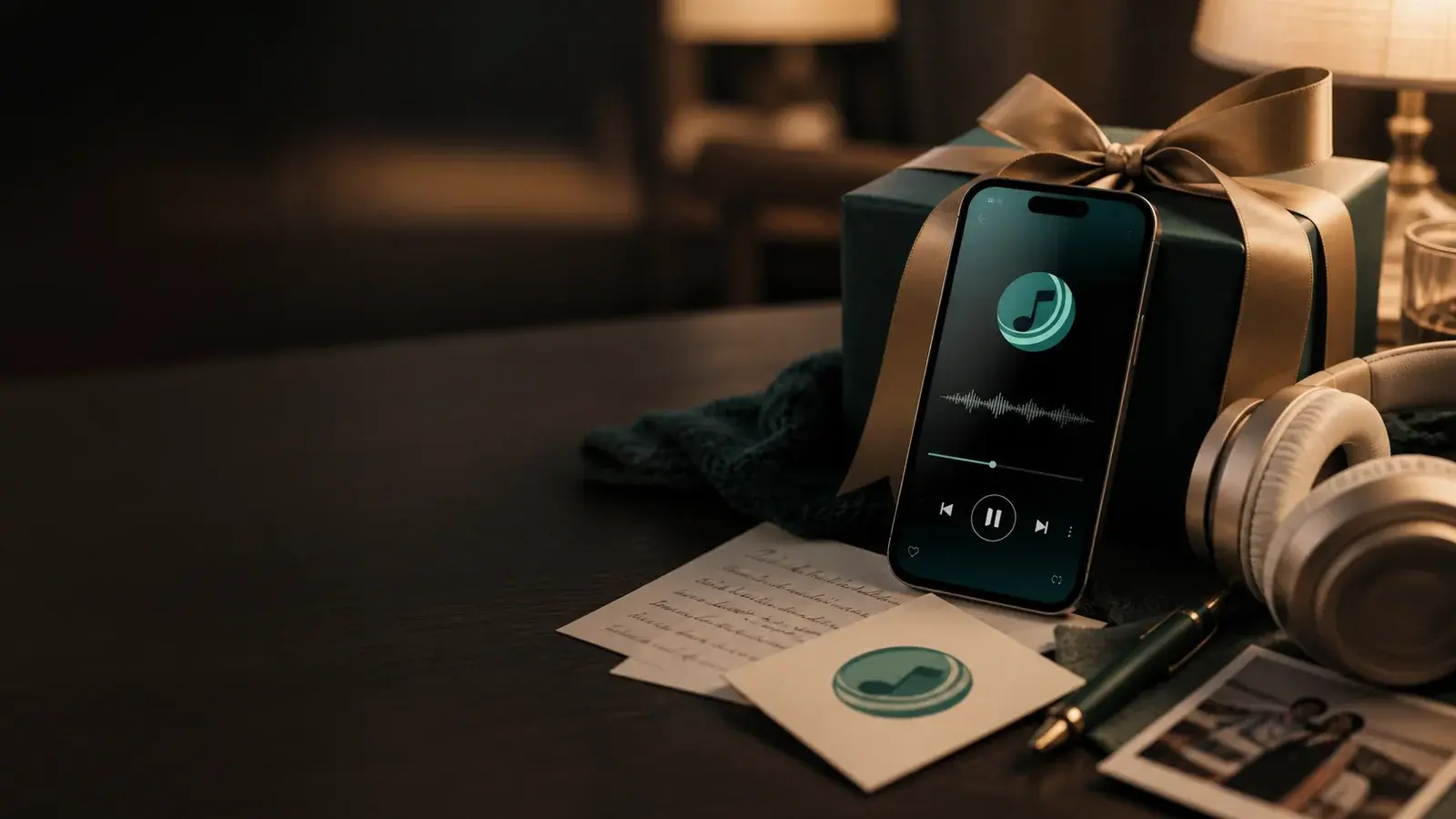 A custom song gift preview on a phone beside headphones, handwritten memory notes, and a wrapped gift