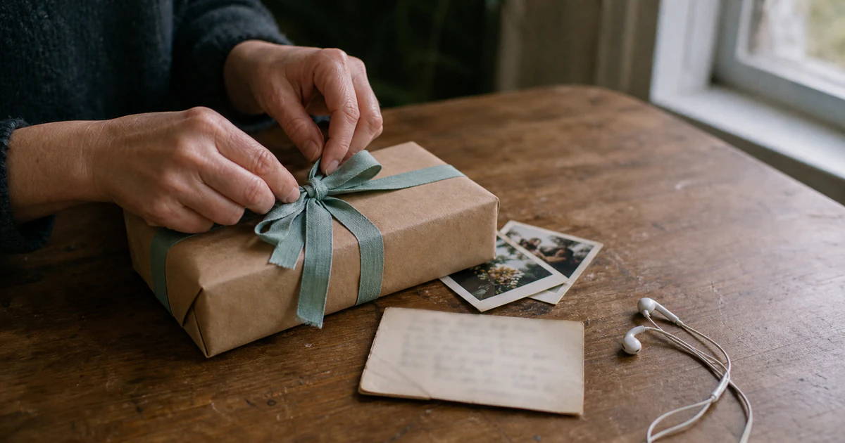 Hands tying a muted teal ribbon around a modest gift beside printed photographs, a recipe card and earbuds on a wooden table.